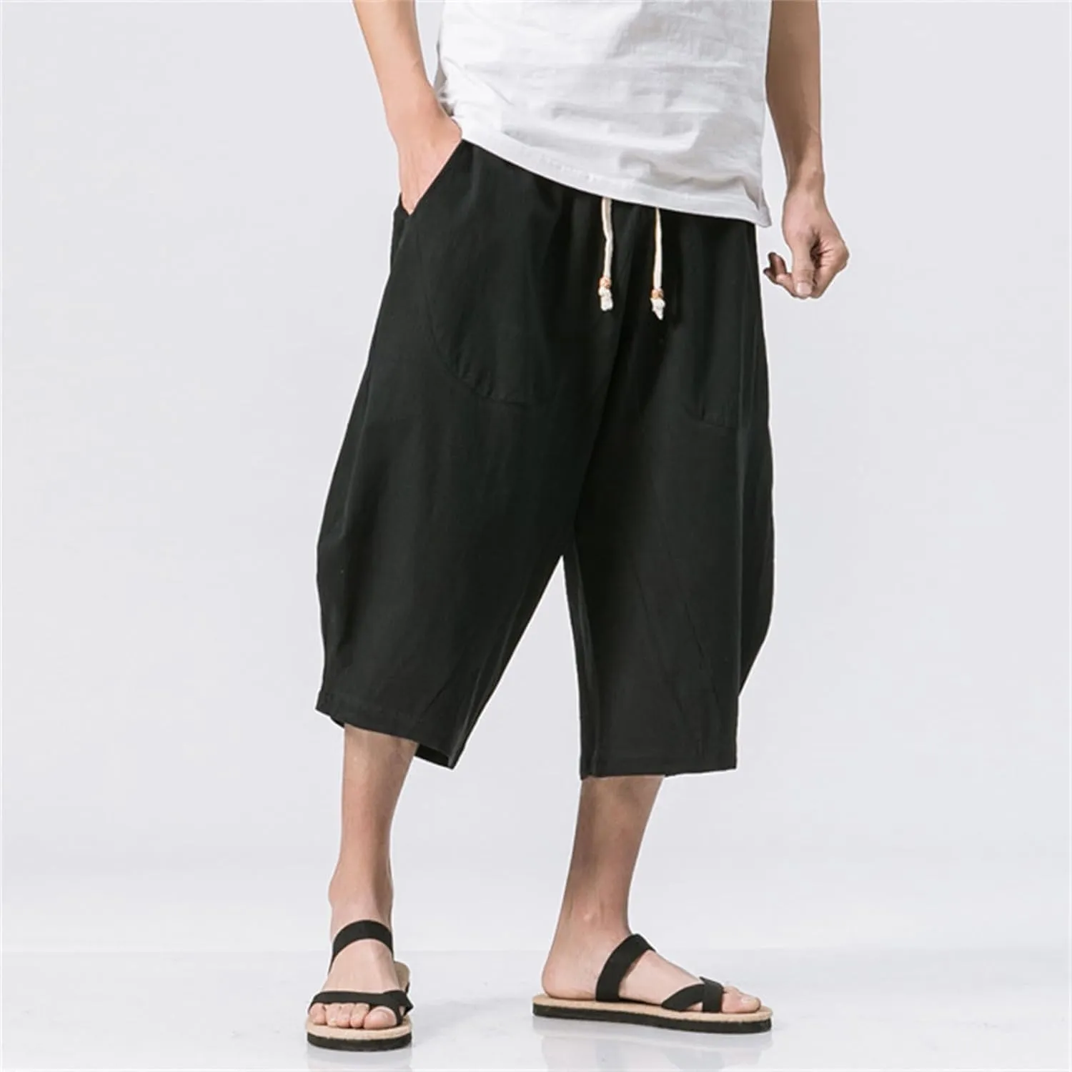 Mmoneyake Mens Linen Harem Capri Pants Loose Fit 3/4 Shorts Drawstring Elastic Waist Beach Yoga Trousers Baggy Wide Leg Pants