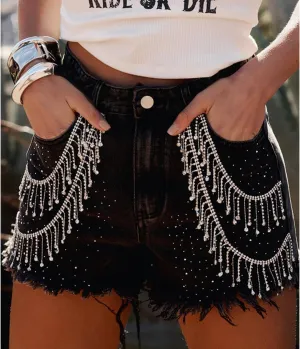 Mxiqqpltky Y2K Rhinestone Jean Shorts Women Summer High Waist Raw Hem Tassel Denim Shorts Casual Stretchy Baggy Short Pants
