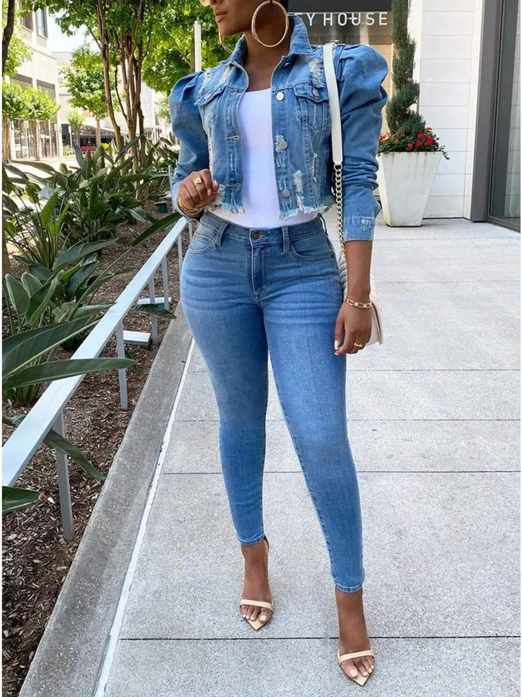 Omoone Women's Ripped Puff Sleeve Denim Crop Top Long-Sleeve Cropped Jean Jacket