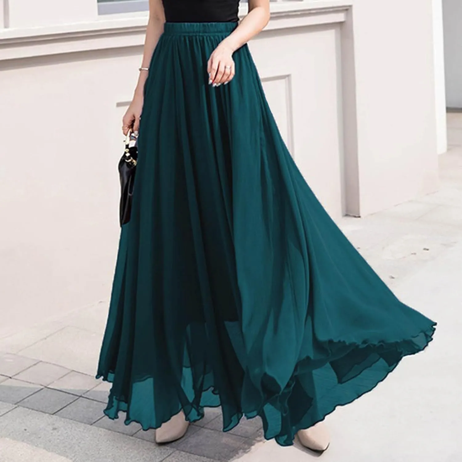 Oplxuo Women's Elastic Waist Chiffon Flowy Maxi Skirt Full Length A-Line Beach Long Skirts