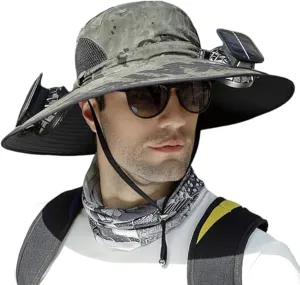Outdoor Wide Brim Sun Hat with 2 Solar Universal Fan Sun Bucket Hat UPF 50  Bucket Fishing Beach Hat Fan Built in