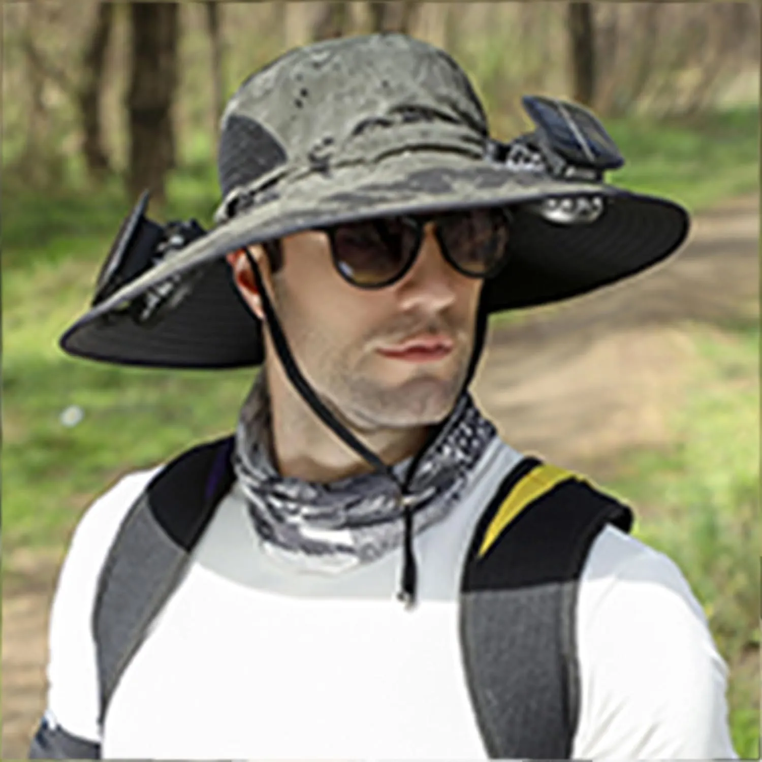 Outdoor Wide Brim Sun Hat with 2 Solar Universal Fan Sun Bucket Hat UPF 50  Bucket Fishing Beach Hat Fan Built in