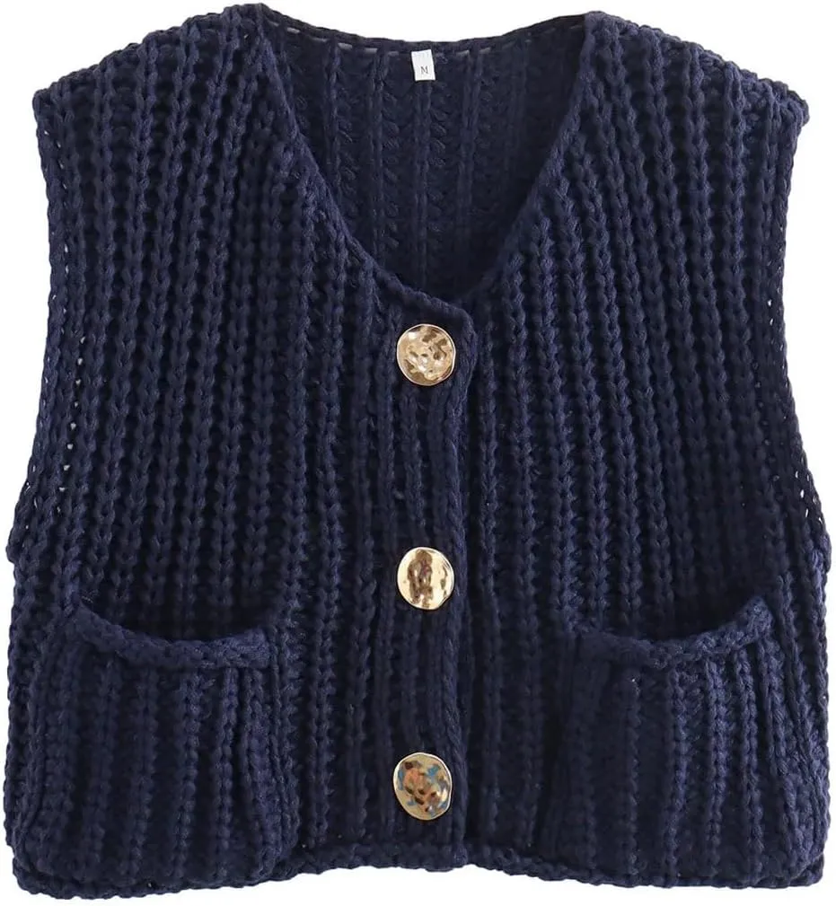 Perbai Womens Button Down Crop Sweater Vest Sleeveless Cable Knit Cropped Cardigan with Pockets