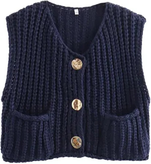 Perbai Womens Button Down Crop Sweater Vest Sleeveless Cable Knit Cropped Cardigan with Pockets