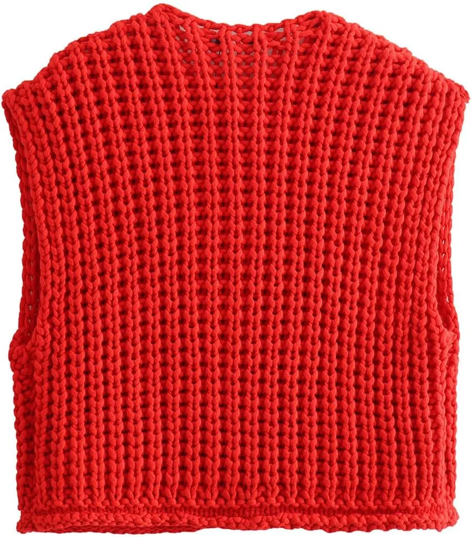 Perbai Womens Button Down Crop Sweater Vest Sleeveless Cable Knit Cropped Cardigan with Pockets