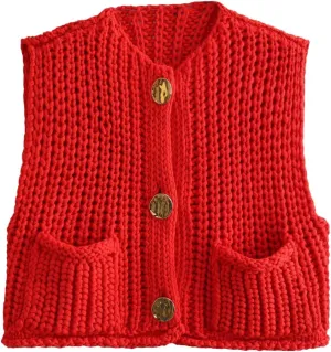 Perbai Womens Button Down Crop Sweater Vest Sleeveless Cable Knit Cropped Cardigan with Pockets