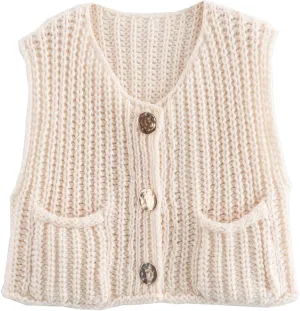 Perbai Womens Button Down Crop Sweater Vest Sleeveless Cable Knit Cropped Cardigan with Pockets