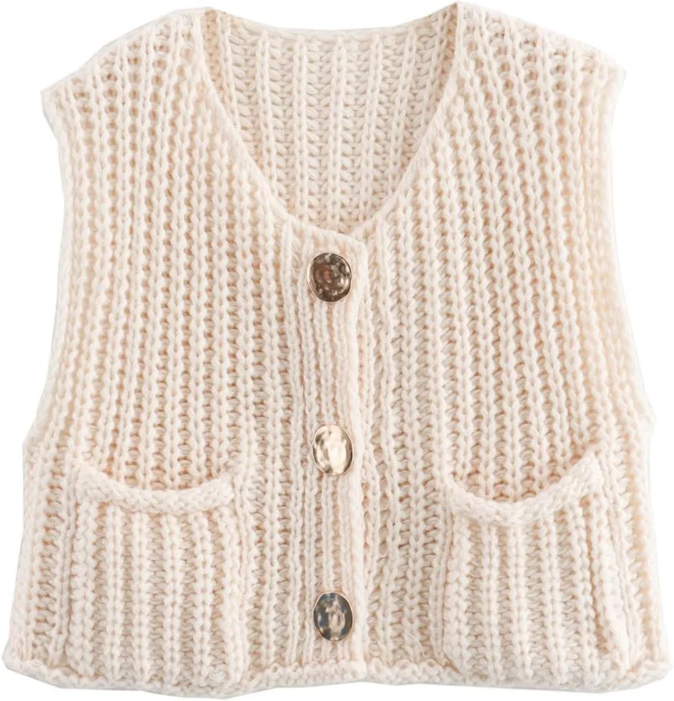 Perbai Womens Button Down Crop Sweater Vest Sleeveless Cable Knit Cropped Cardigan with Pockets