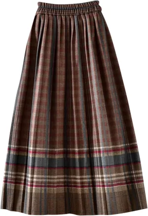 Plaid Skirt for Women's Vintage High Waist Wool Blend A-Line Skirts Trendy Elastic Waist Ruffle Long Maxi Skirt