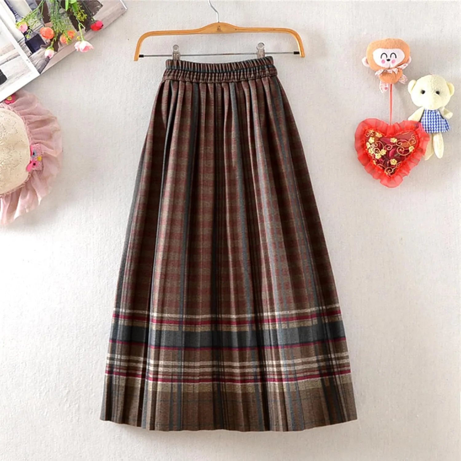 Plaid Skirt for Women's Vintage High Waist Wool Blend A-Line Skirts Trendy Elastic Waist Ruffle Long Maxi Skirt