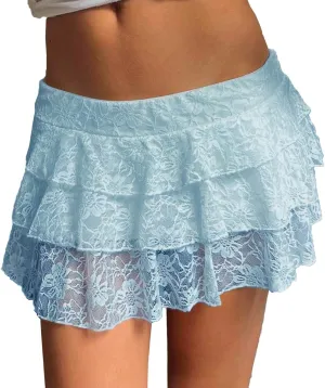 Pleated Skirts for Women Low Rise Lace Mesh Ruffle Hem A-Line Y2K Sexy Mini Skirts for Girls Fashion Trendy Streetwear