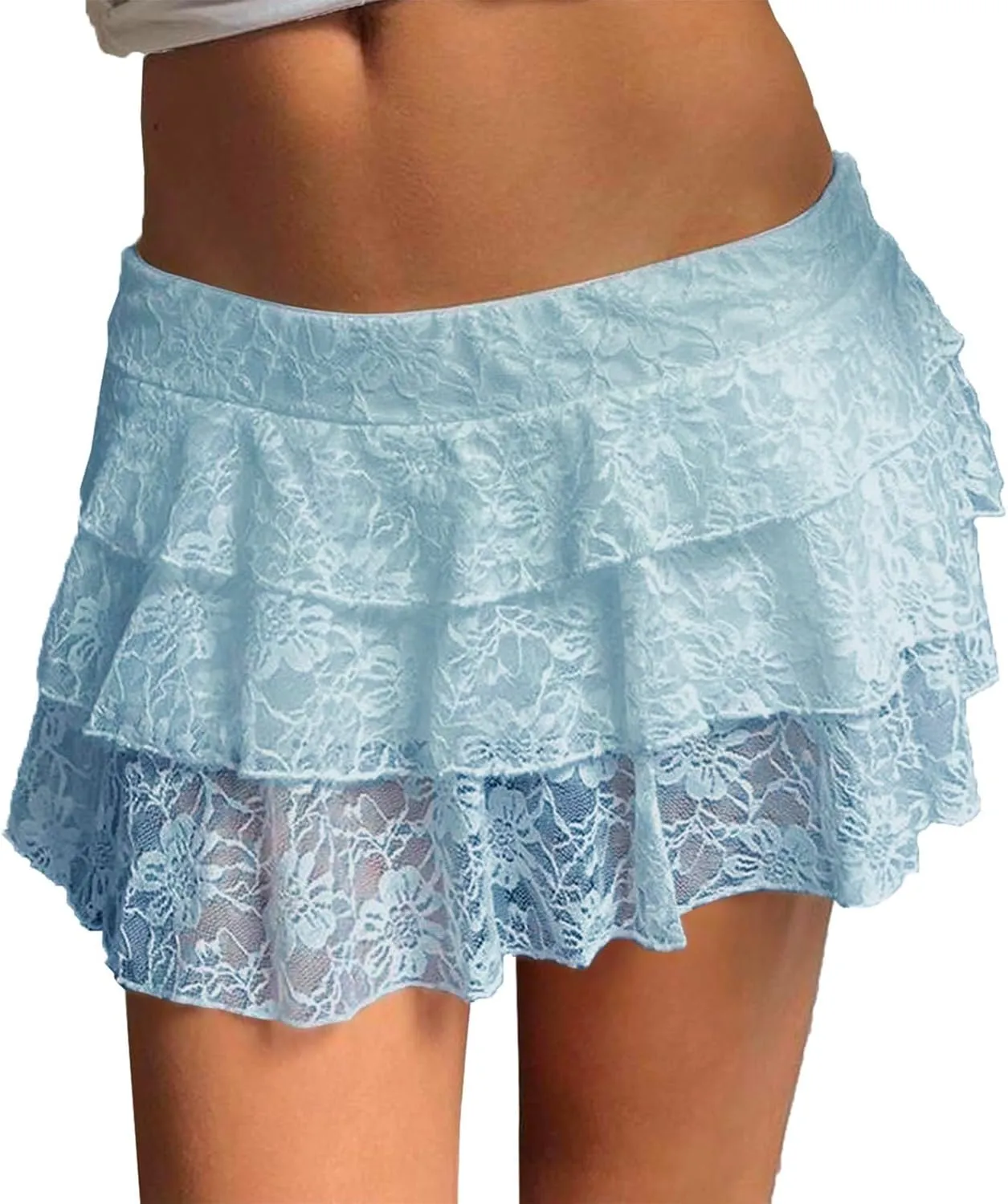 Pleated Skirts for Women Low Rise Lace Mesh Ruffle Hem A-Line Y2K Sexy Mini Skirts for Girls Fashion Trendy Streetwear