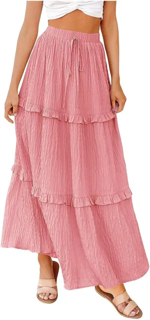 Pleated Skirts for Women Summer Boho Flowy Swing Ruffle Tiered A-Line Drawstring Elastic Waist Long Midi Skirt Dress