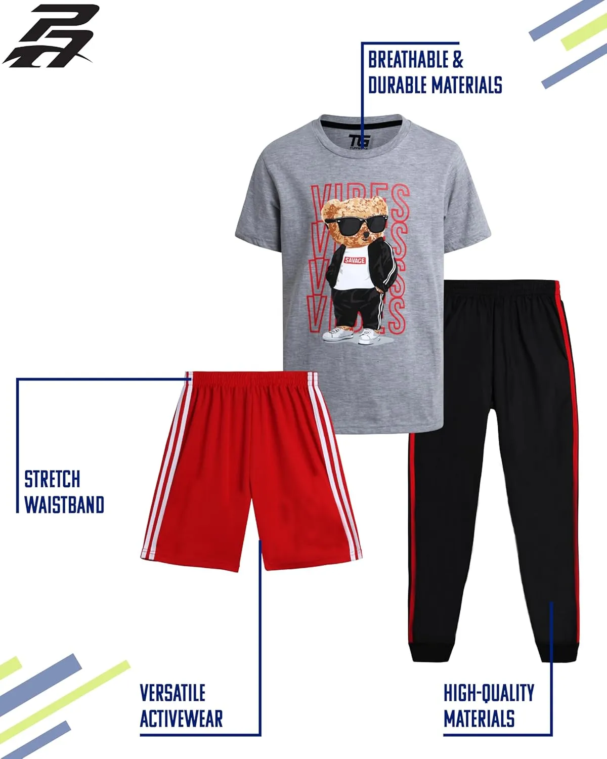Pro Athlete Boys' Active Pants Set - 3 Piece Performance T-Shirt Shorts and Jogger Sweatpants - Sport Outfit for Boys (8-16)