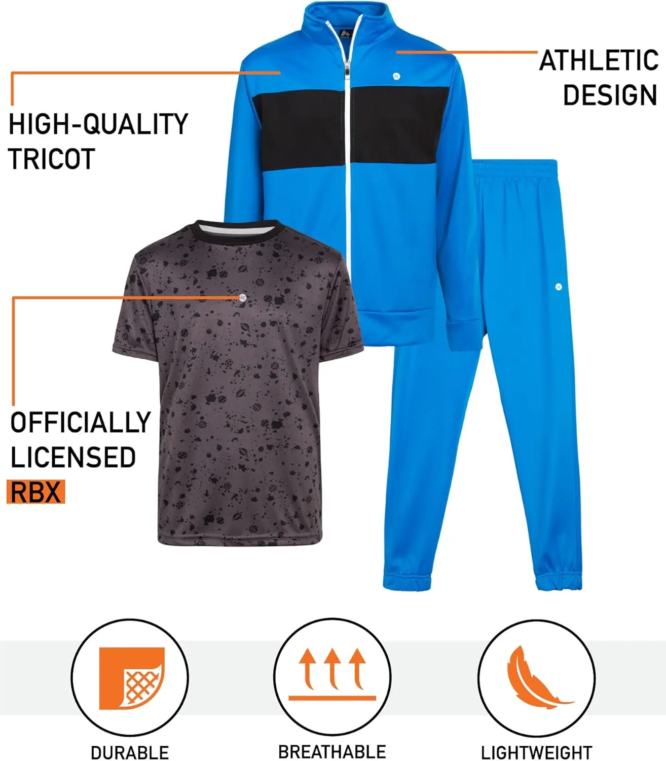 RBX Boys' Jogger Set - 3 Piece Tricot Sweatshirt, Sweatpants, and T-Shirt Tracksuit (8-12)