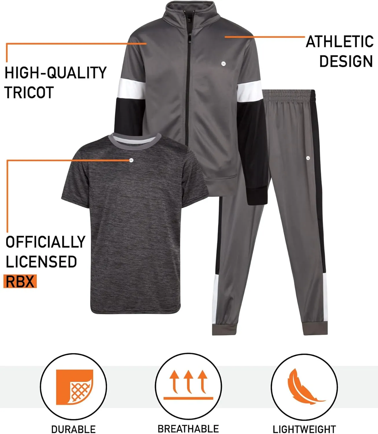 RBX Boys' Jogger Set - 3 Piece Tricot Sweatshirt, Sweatpants, and T-Shirt Tracksuit (8-12)