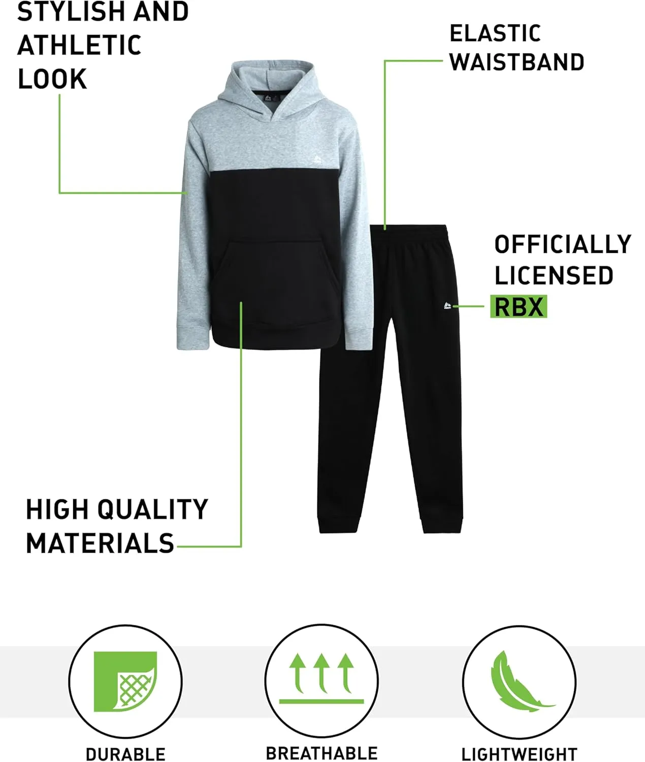 RBX Boys' Sweatsuit - 2 Piece Performance Fleece Hoodie Sweatshirt and Jogger Sweatpants - Active Tracksuit Set (4-12)