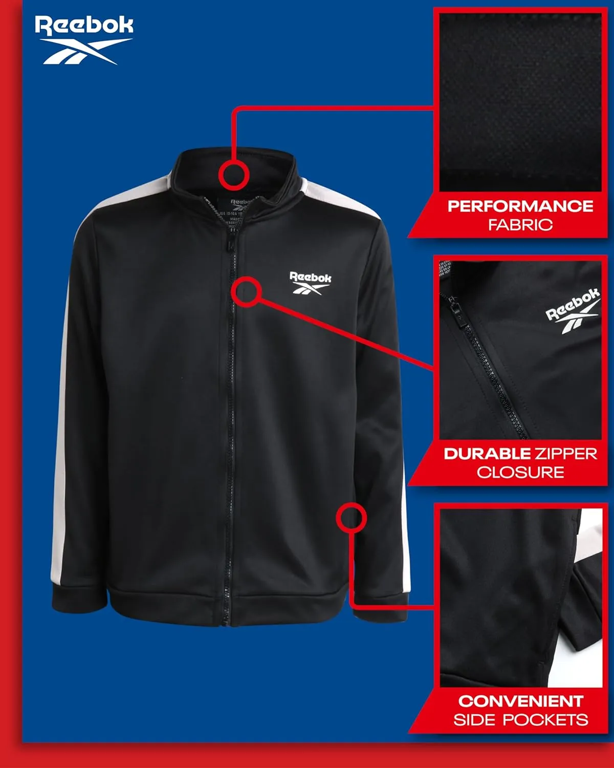 Reebok Boys' Tracksuit - 3 Piece Tricot Zip Sweatshirt, Jogger Sweatpants, T-Shirt - Activewear Outfit Set for Boys (8-12)