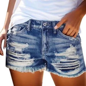 Ripped Distressed Denim Shorts for Women Mid Rise Stretchy Jean Shorts Summer Casual Frayed Raw Rolled Hem Hot Shorts