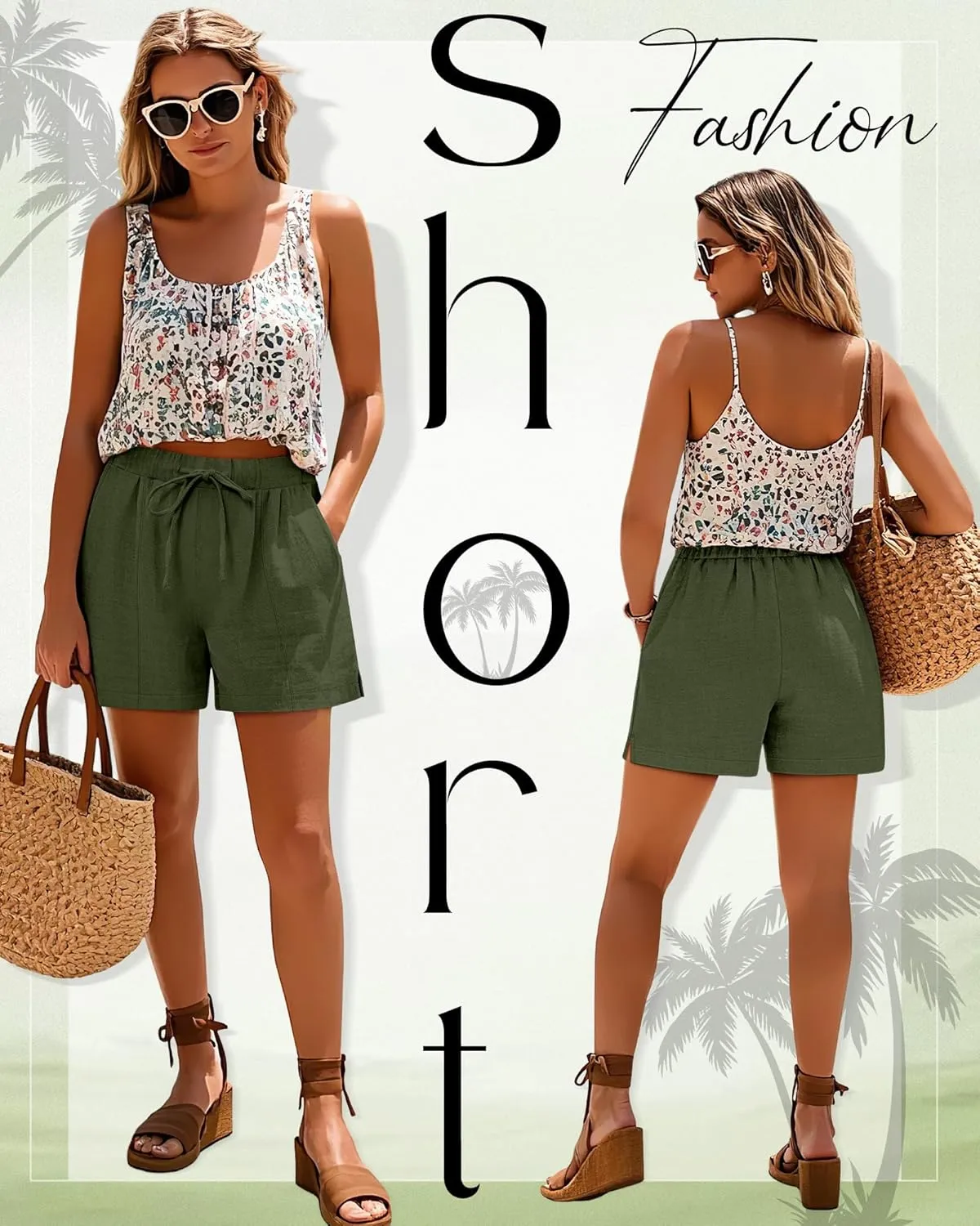 Riyiper 2 Pack Women's Casual Linen Drawstring Shorts, Elastic Waist Split Side Shorts Summer Line Comfy Shorts with Pockets