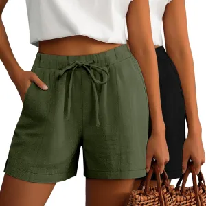 Riyiper 2 Pack Women's Casual Linen Drawstring Shorts, Elastic Waist Split Side Shorts Summer Line Comfy Shorts with Pockets