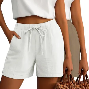 Riyiper 2 Pack Women's Casual Linen Drawstring Shorts, Elastic Waist Split Side Shorts Summer Line Comfy Shorts with Pockets