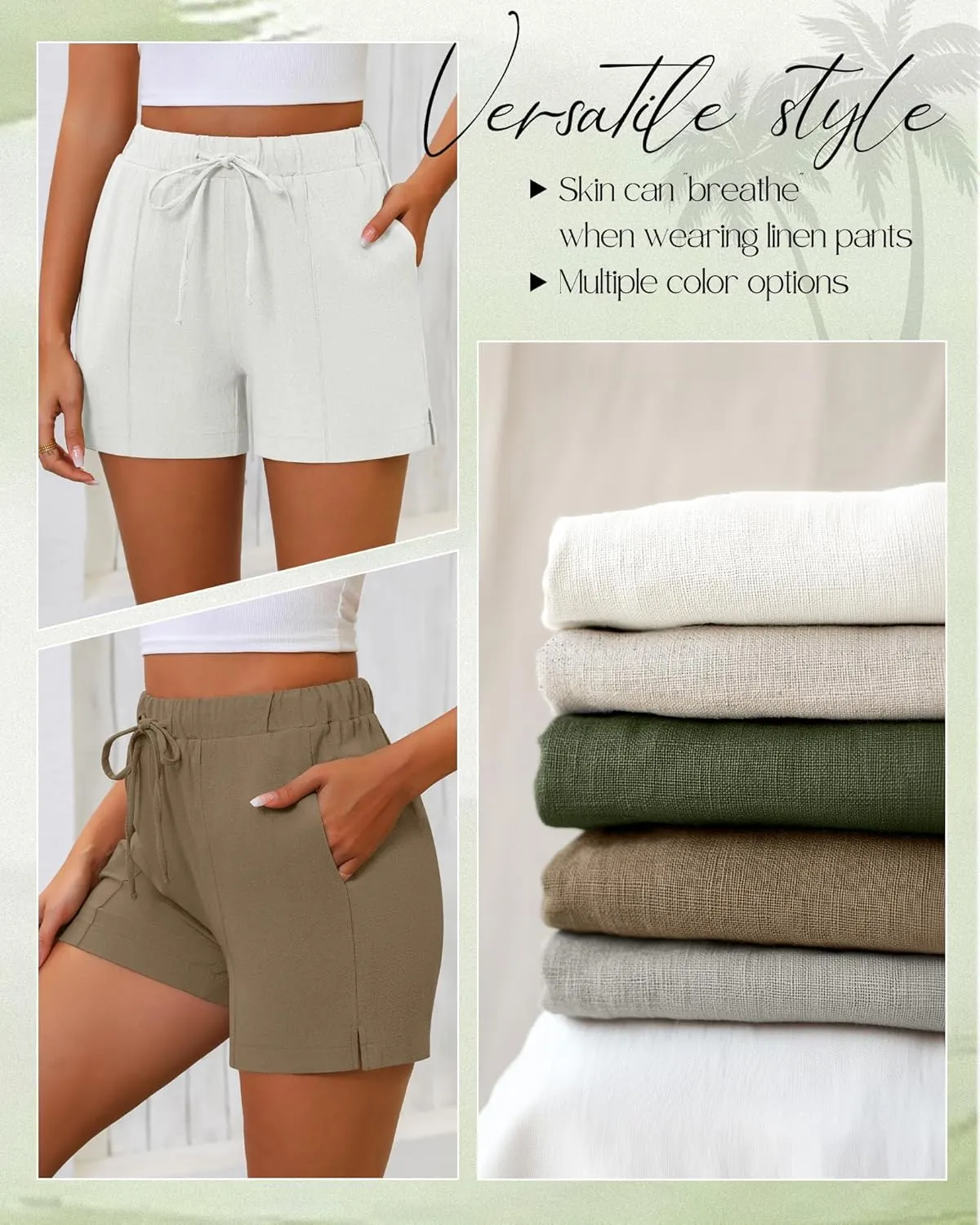 Riyiper 2 Pack Women's Casual Linen Drawstring Shorts, Elastic Waist Split Side Shorts Summer Line Comfy Shorts with Pockets