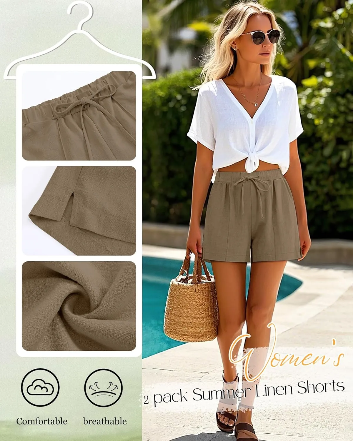 Riyiper 2 Pack Women's Casual Linen Drawstring Shorts, Elastic Waist Split Side Shorts Summer Line Comfy Shorts with Pockets