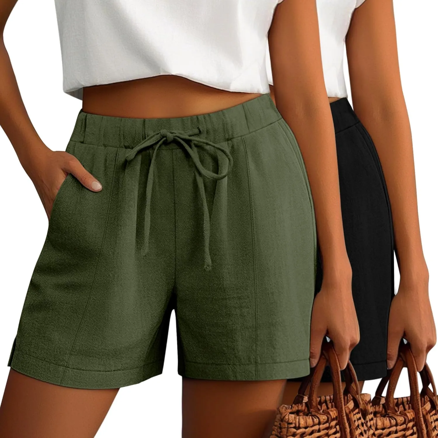 Riyiper 2 Pack Women's Casual Linen Drawstring Shorts, Elastic Waist Split Side Shorts Summer Line Comfy Shorts with Pockets