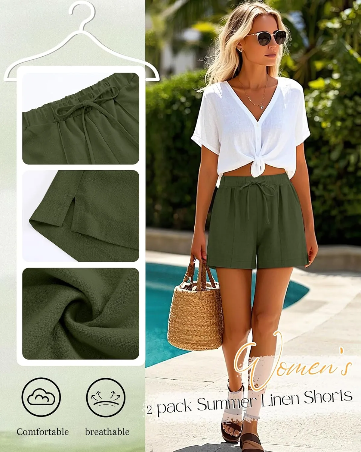 Riyiper 2 Pack Women's Casual Linen Drawstring Shorts, Elastic Waist Split Side Shorts Summer Line Comfy Shorts with Pockets