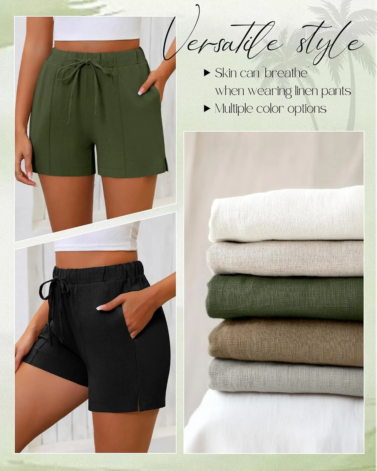 Riyiper 2 Pack Women's Casual Linen Drawstring Shorts, Elastic Waist Split Side Shorts Summer Line Comfy Shorts with Pockets