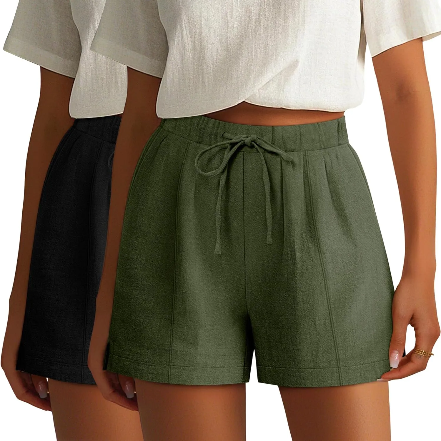 Riyiper 2 Pack Women's Casual Linen Drawstring Shorts, Elastic Waist Split Side Shorts Summer Line Comfy Shorts with Pockets