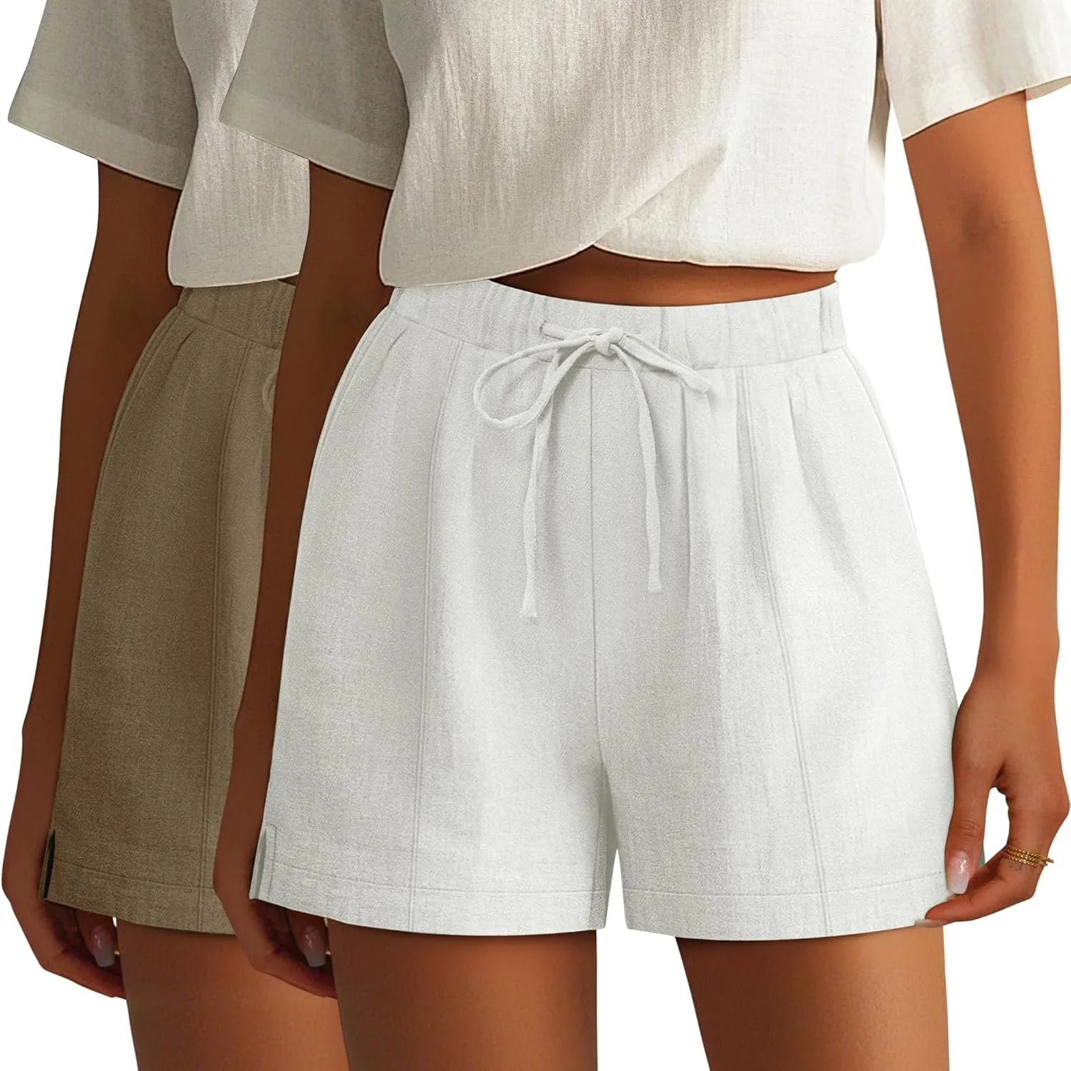 Riyiper 2 Pack Women's Casual Linen Drawstring Shorts, Elastic Waist Split Side Shorts Summer Line Comfy Shorts with Pockets