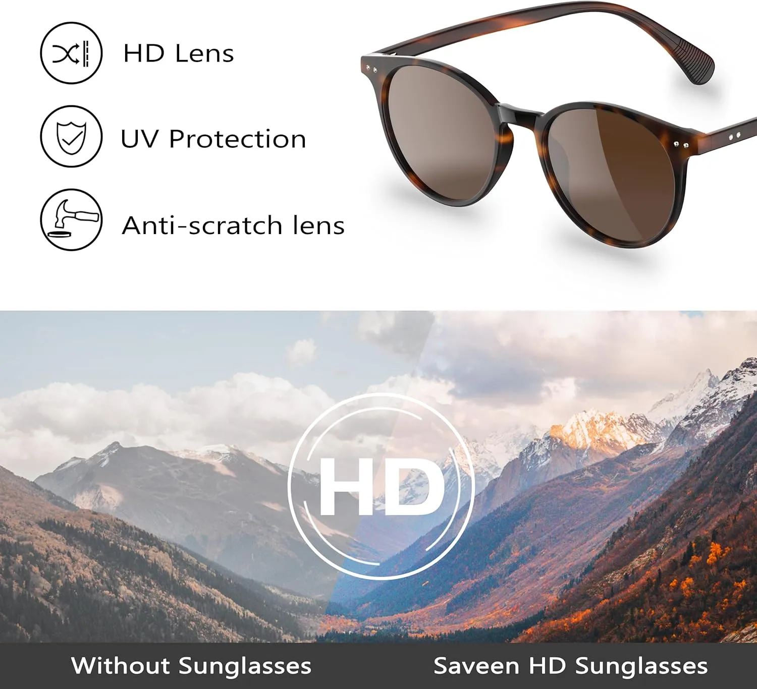 Saveen Retro TAC Round Polarized Sunglasses, Lightweight TR-90 Frame for Women Men UV Protection