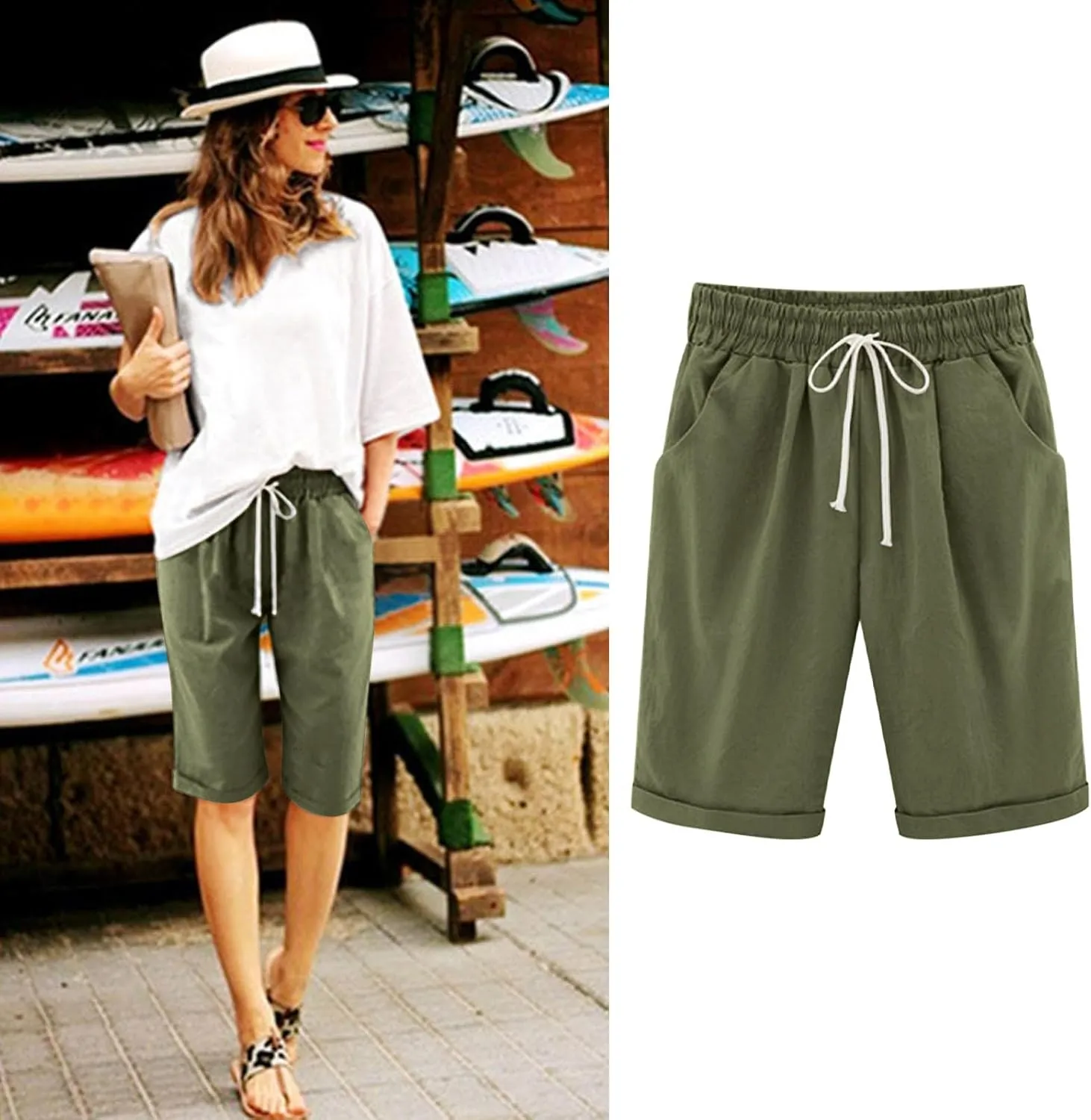 Shorts for Women Summer Beach Lounge Shorts Casual Drawstring Elastic Waist Loose Fit Bermuda Shorts with Pockets