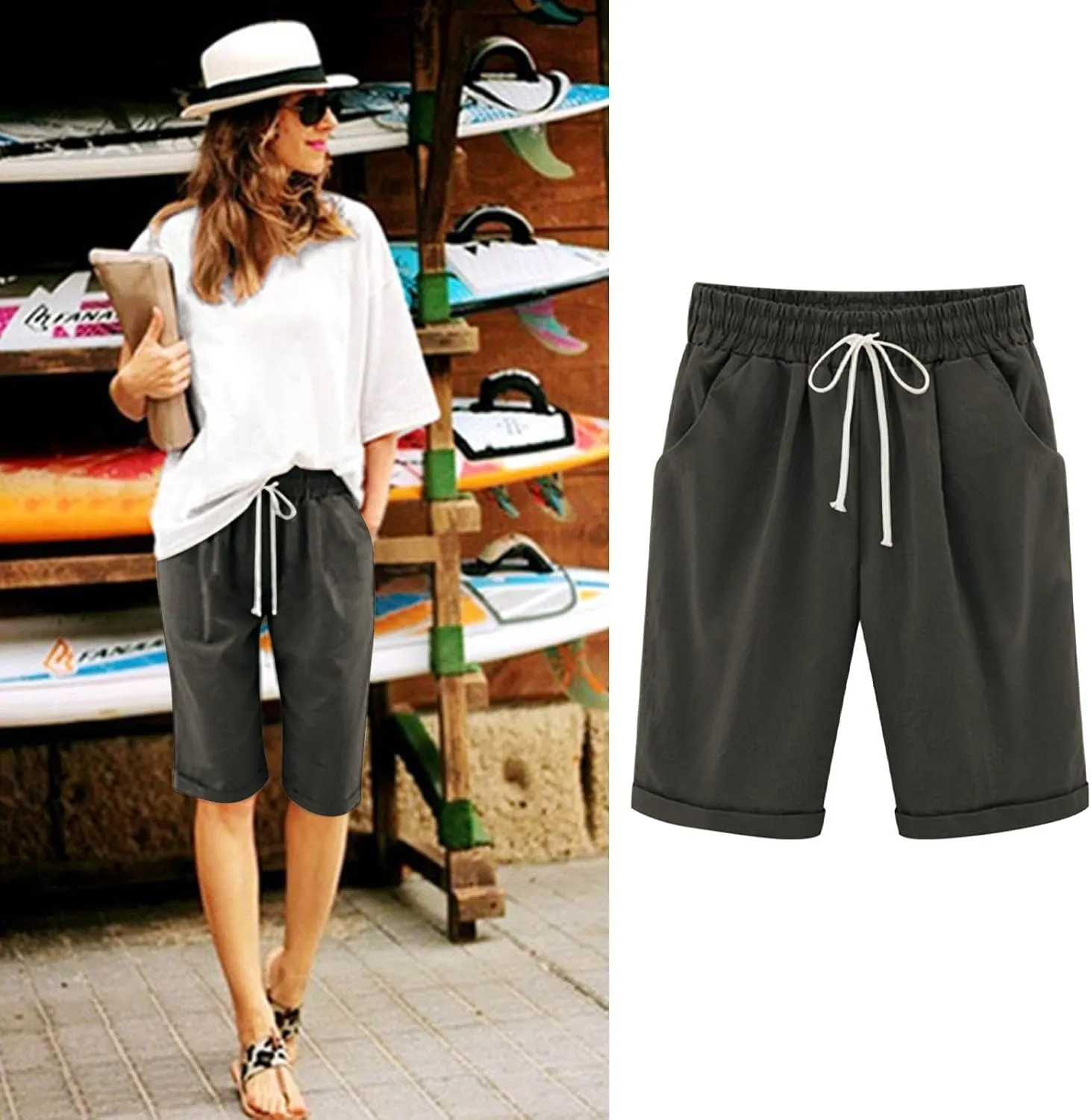 Shorts for Women Summer Beach Lounge Shorts Casual Drawstring Elastic Waist Loose Fit Bermuda Shorts with Pockets