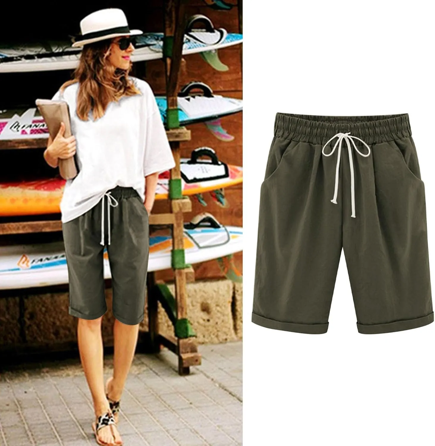 Shorts for Women Summer Beach Lounge Shorts Casual Drawstring Elastic Waist Loose Fit Bermuda Shorts with Pockets