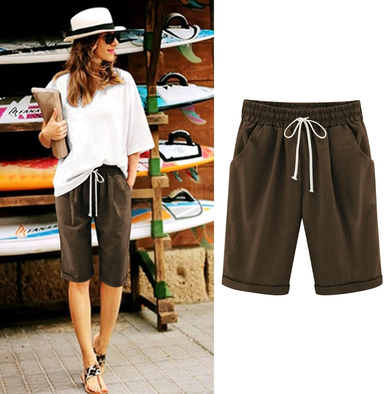 Shorts for Women Summer Beach Lounge Shorts Casual Drawstring Elastic Waist Loose Fit Bermuda Shorts with Pockets