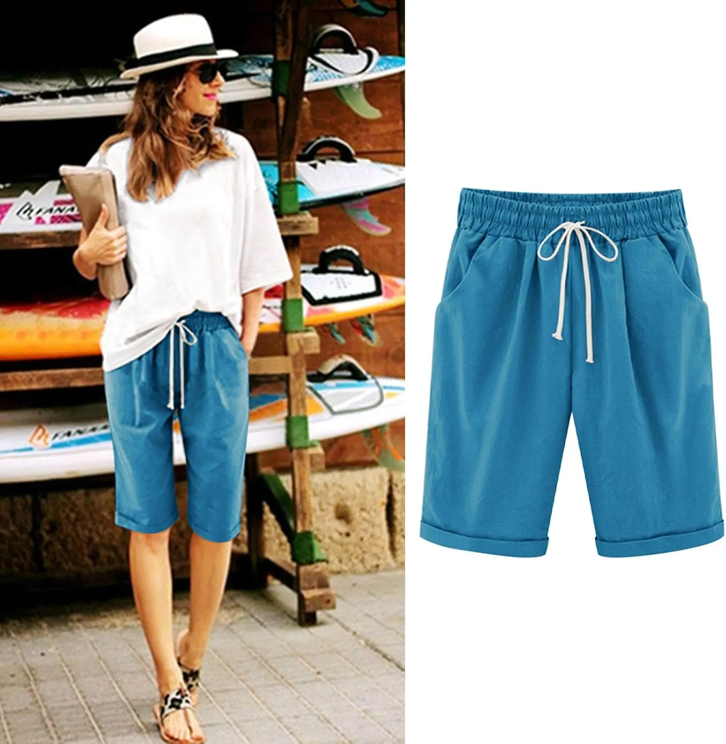 Shorts for Women Summer Beach Lounge Shorts Casual Drawstring Elastic Waist Loose Fit Bermuda Shorts with Pockets