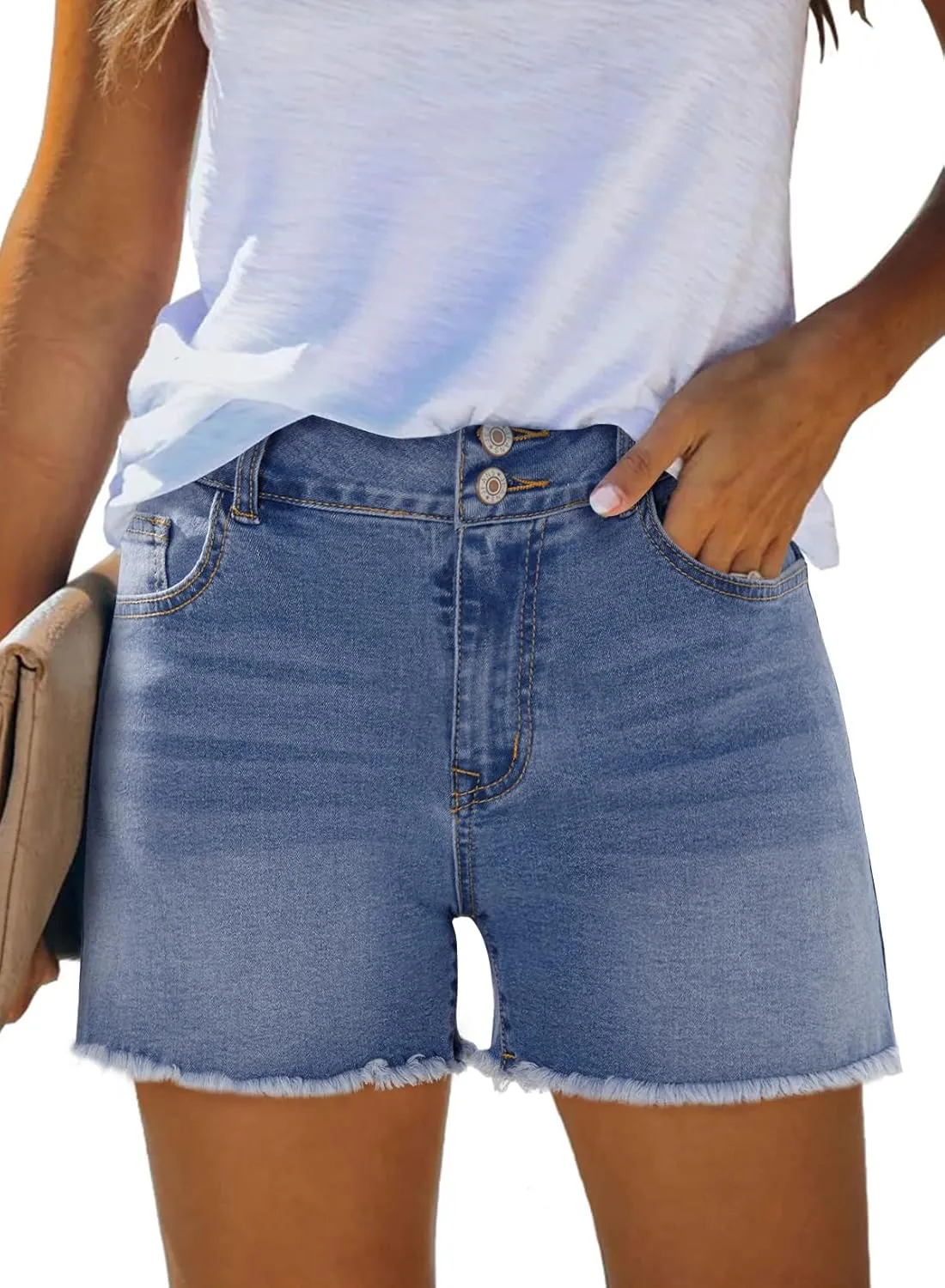Sidefeel Women's Jean Shorts High Waisted Casual Stretchy Raw Hem Zimbaplatinum Jeans Summer Denim Shorts with Pockets