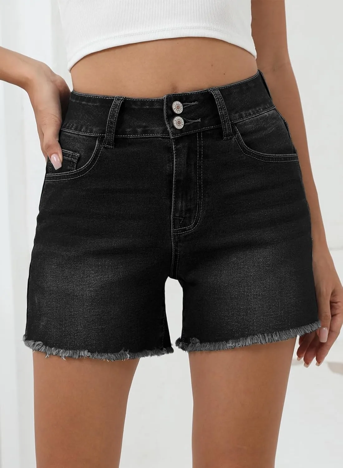 Sidefeel Women's Jean Shorts High Waisted Casual Stretchy Raw Hem Zimbaplatinum Jeans Summer Denim Shorts with Pockets