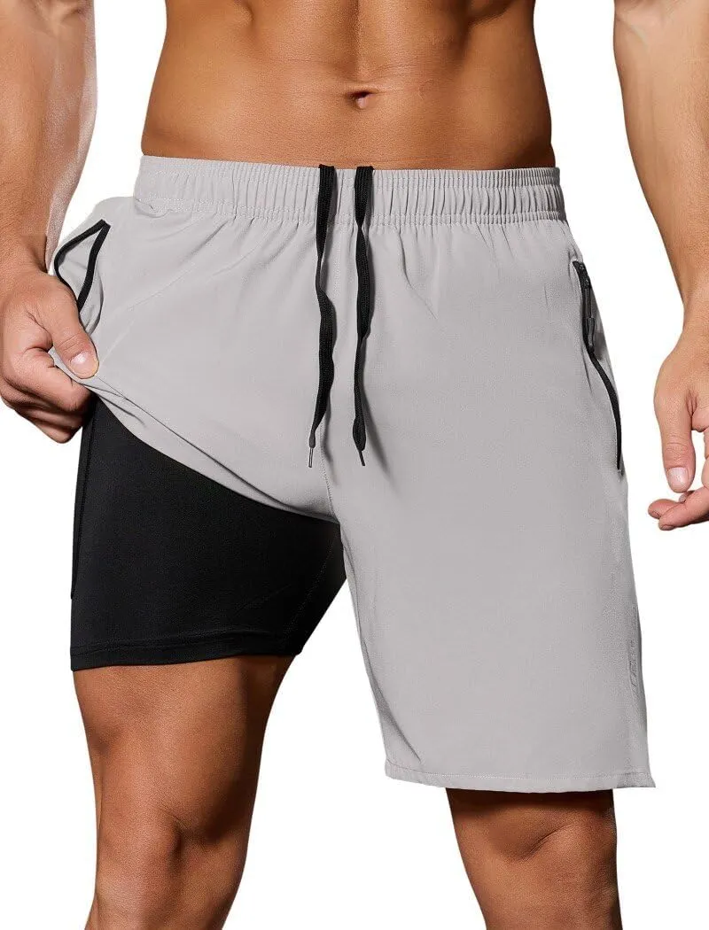 SILKWORLD Quick Dry Men's 2 in 1 Running Shorts with Zip Pocket 7" Workout Gym Athletic Shorts Lightweight Training Shorts