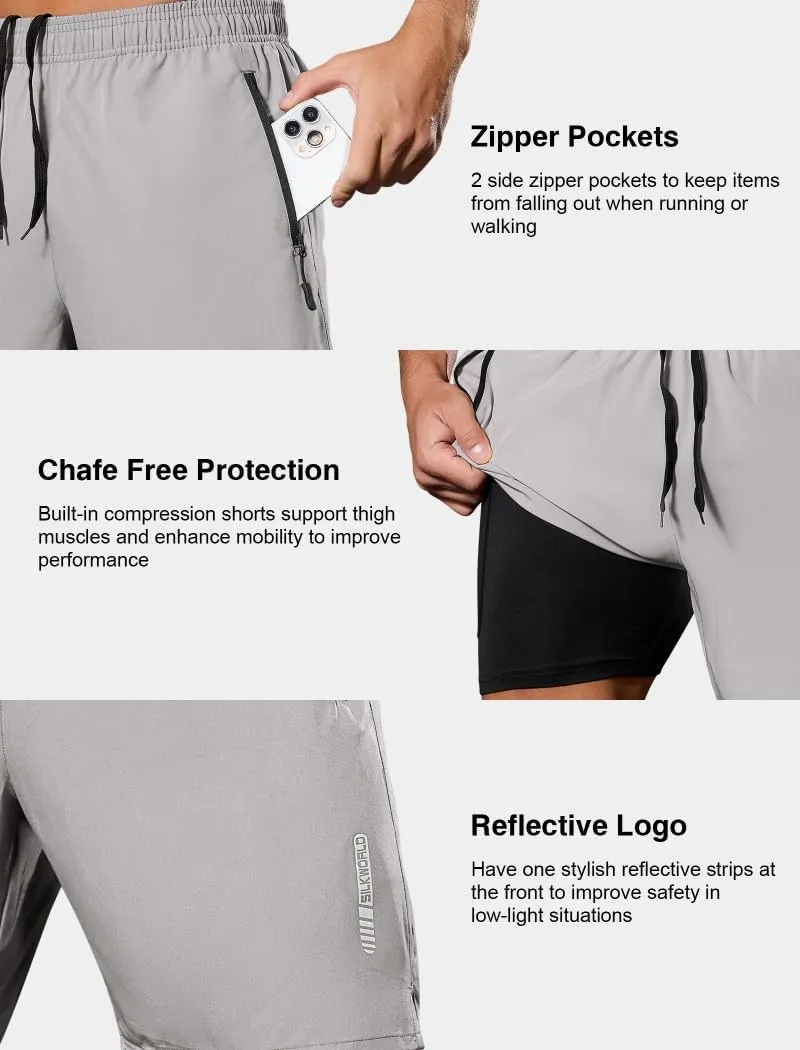 SILKWORLD Quick Dry Men's 2 in 1 Running Shorts with Zip Pocket 7" Workout Gym Athletic Shorts Lightweight Training Shorts