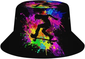 Skateboard Colorful Rainbow Tie-Dye Bucket Hat Lightweight Fishing Hat Wide Brim Sun Protection Cap for Men Women