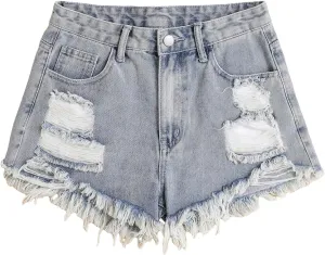 SOLY HUX Girl's Ripped Raw Hem Denim Shorts High Waisted Straight Leg Summer Jeans Shorts