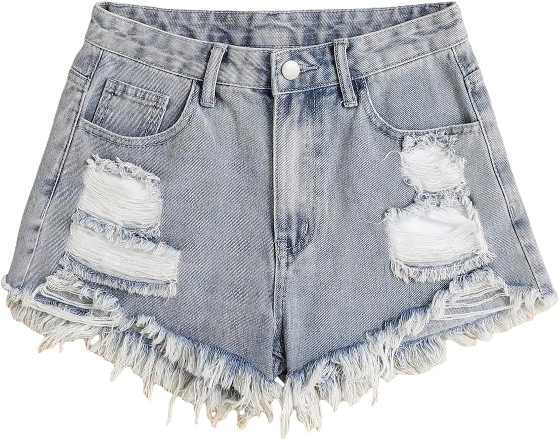 SOLY HUX Girl's Ripped Raw Hem Denim Shorts High Waisted Straight Leg Summer Jeans Shorts
