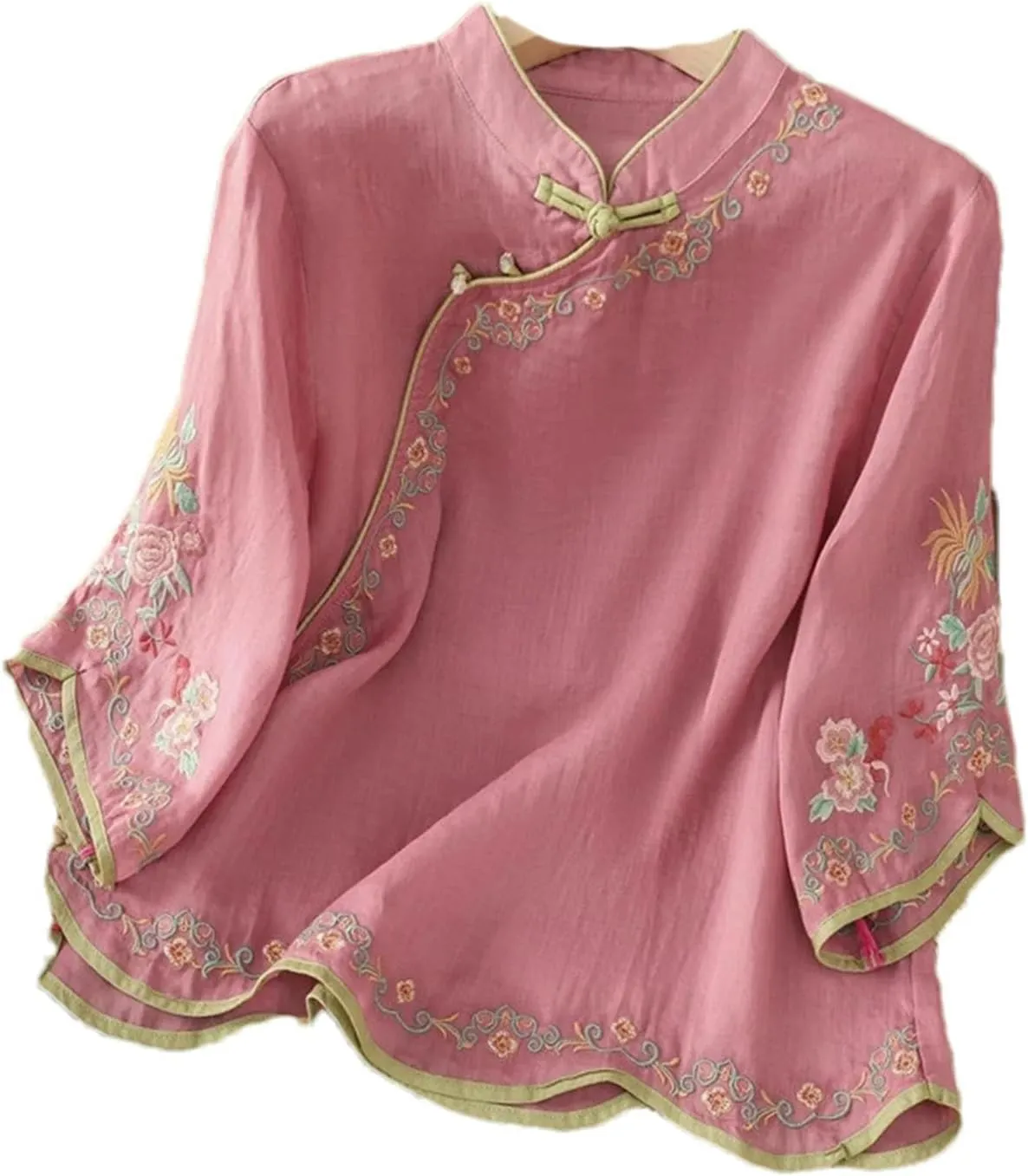 Spring Autumn Retro Embroidered Cotton Linen Tops Women's Buttoned Slanted Lapel Three-Quarter Sleeve Chinese Shirt