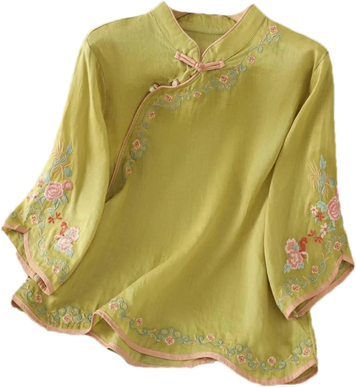 Spring Autumn Retro Embroidered Cotton Linen Tops Women's Buttoned Slanted Lapel Three-Quarter Sleeve Chinese Shirt