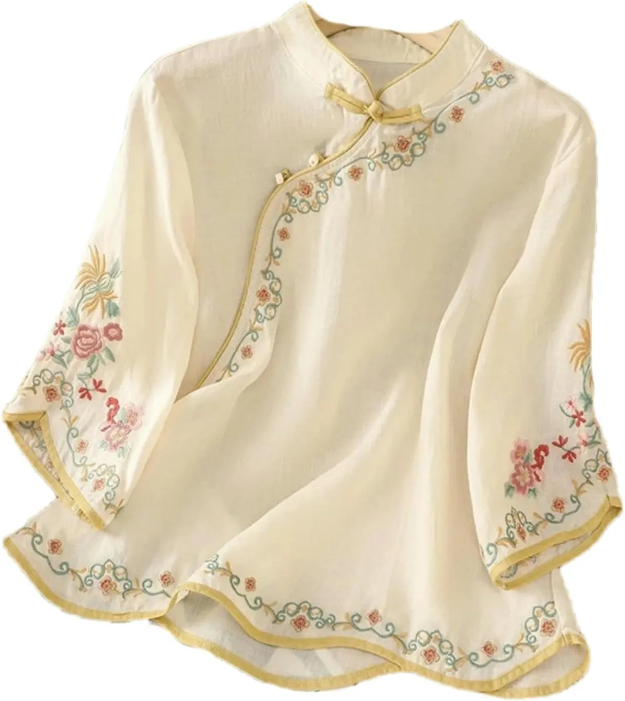 Spring Autumn Retro Embroidered Cotton Linen Tops Women's Buttoned Slanted Lapel Three-Quarter Sleeve Chinese Shirt