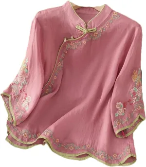 Spring Autumn Retro Embroidered Cotton Linen Tops Women's Buttoned Slanted Lapel Three-Quarter Sleeve Chinese Shirt